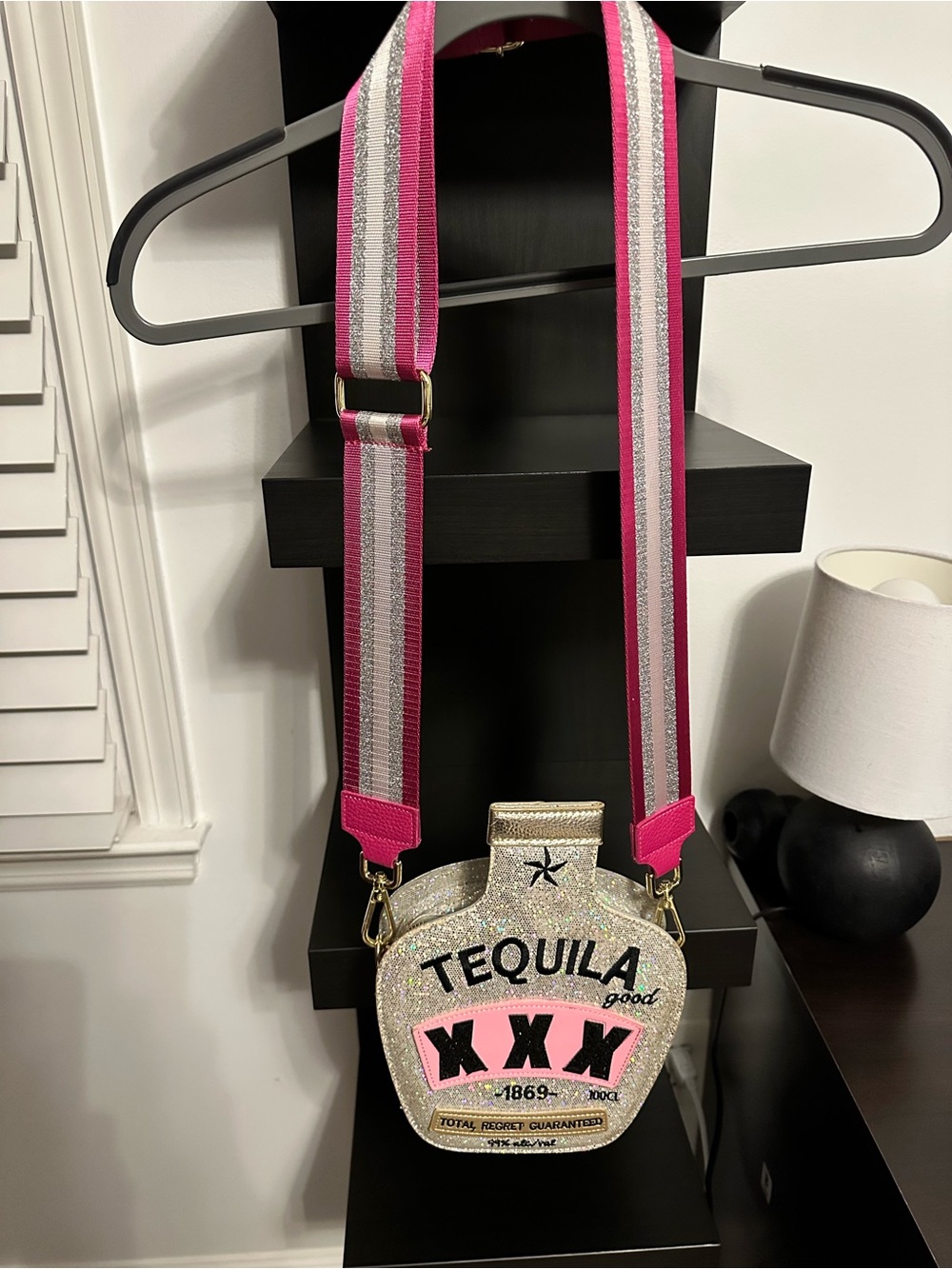 Glitter Tequila Bottle Crossbody Bag - Pink & Silver